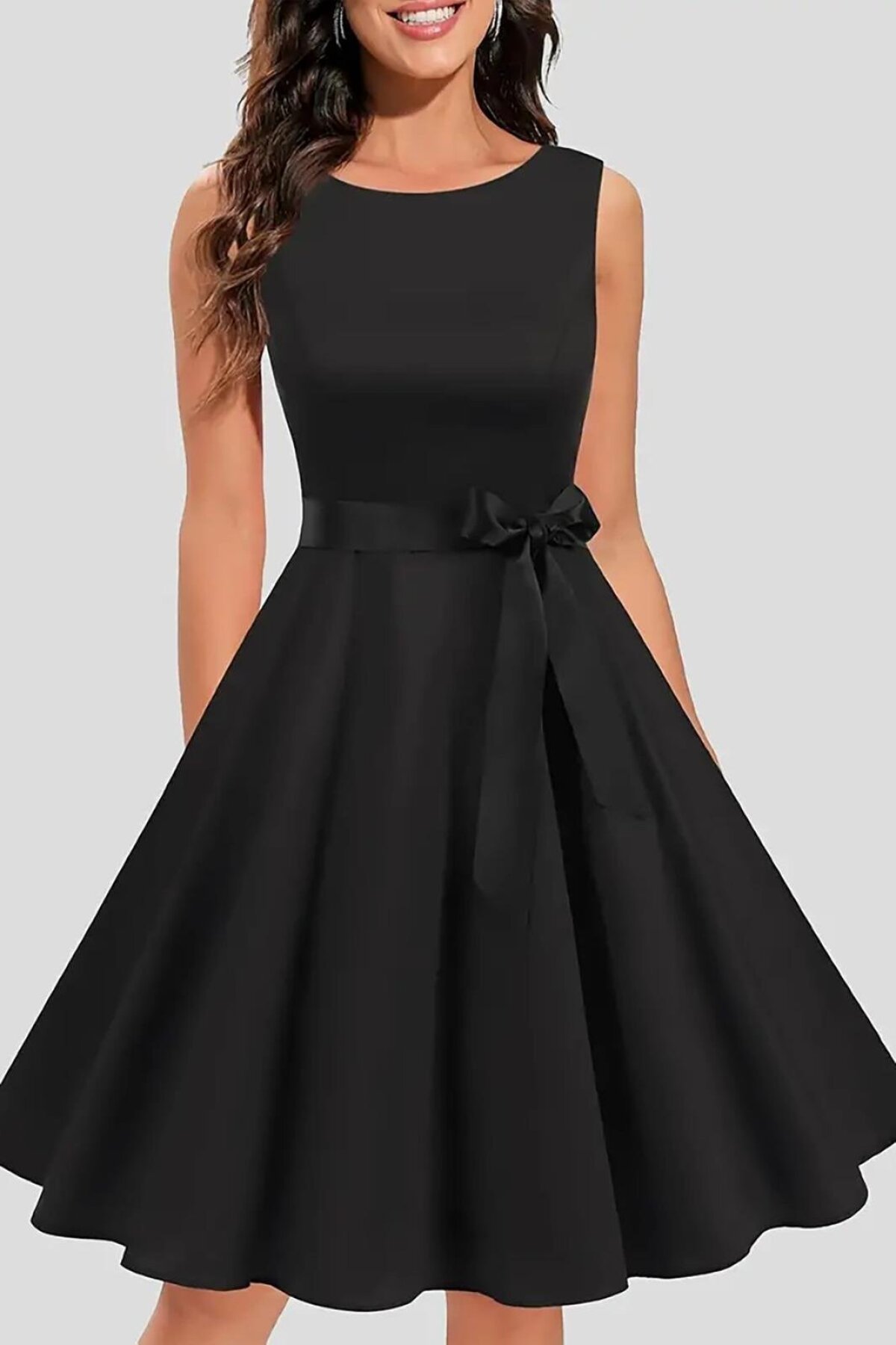 Black Midi Thick-Strapped Round Neck Belted Pleated Crepe Fabric Dress - Deafox