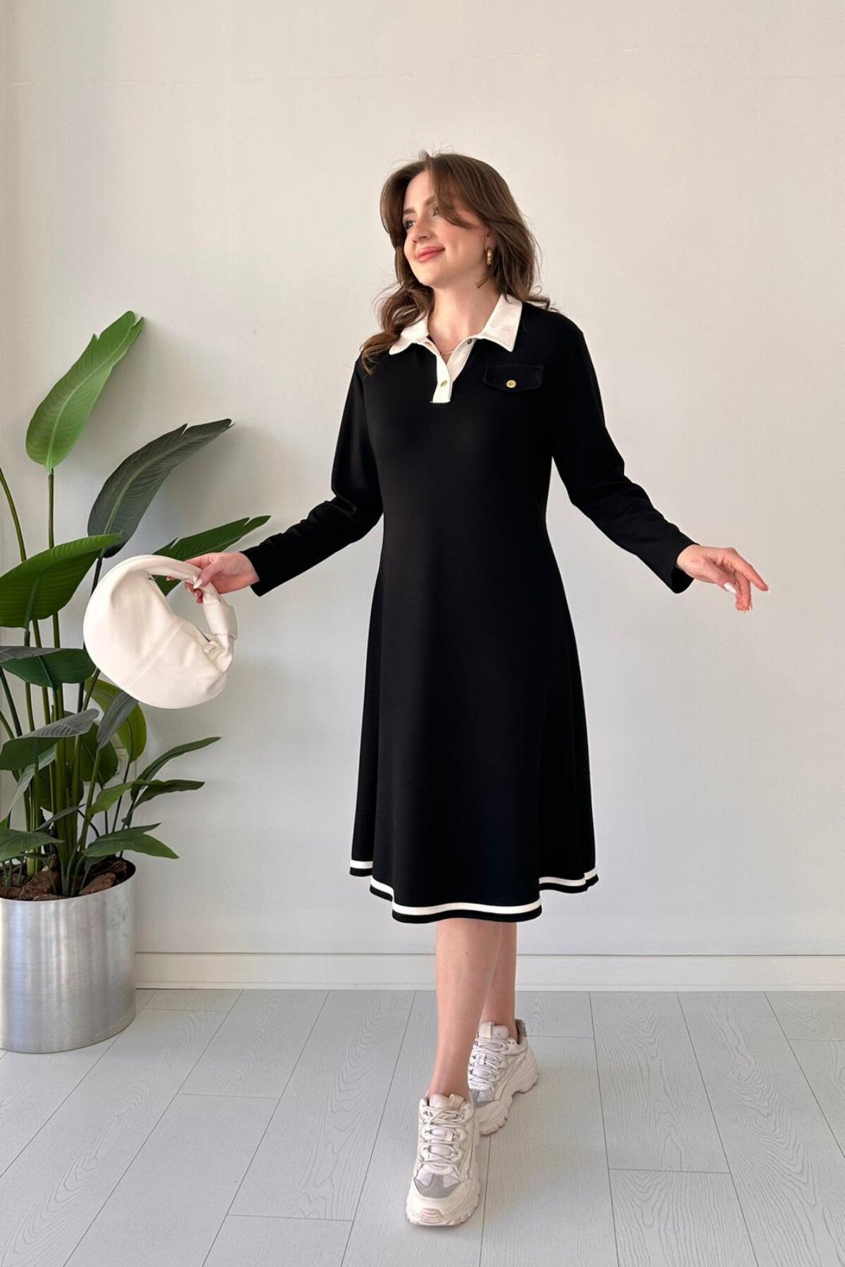 Black Midi Polo Neck Long Sleeve Piped Modal Dress - MOZENA