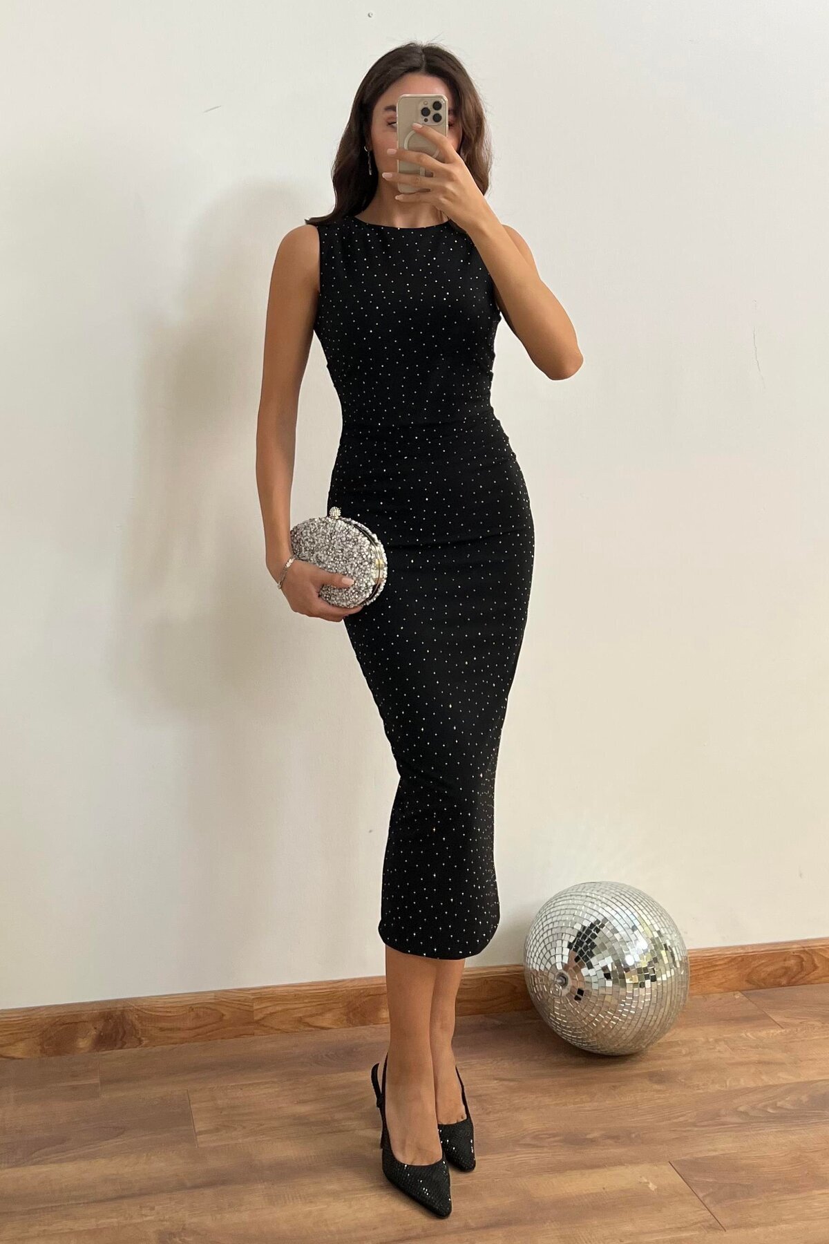 Black Midi Sleeveless Draped Stone Embellished Evening Dress - MOZENA