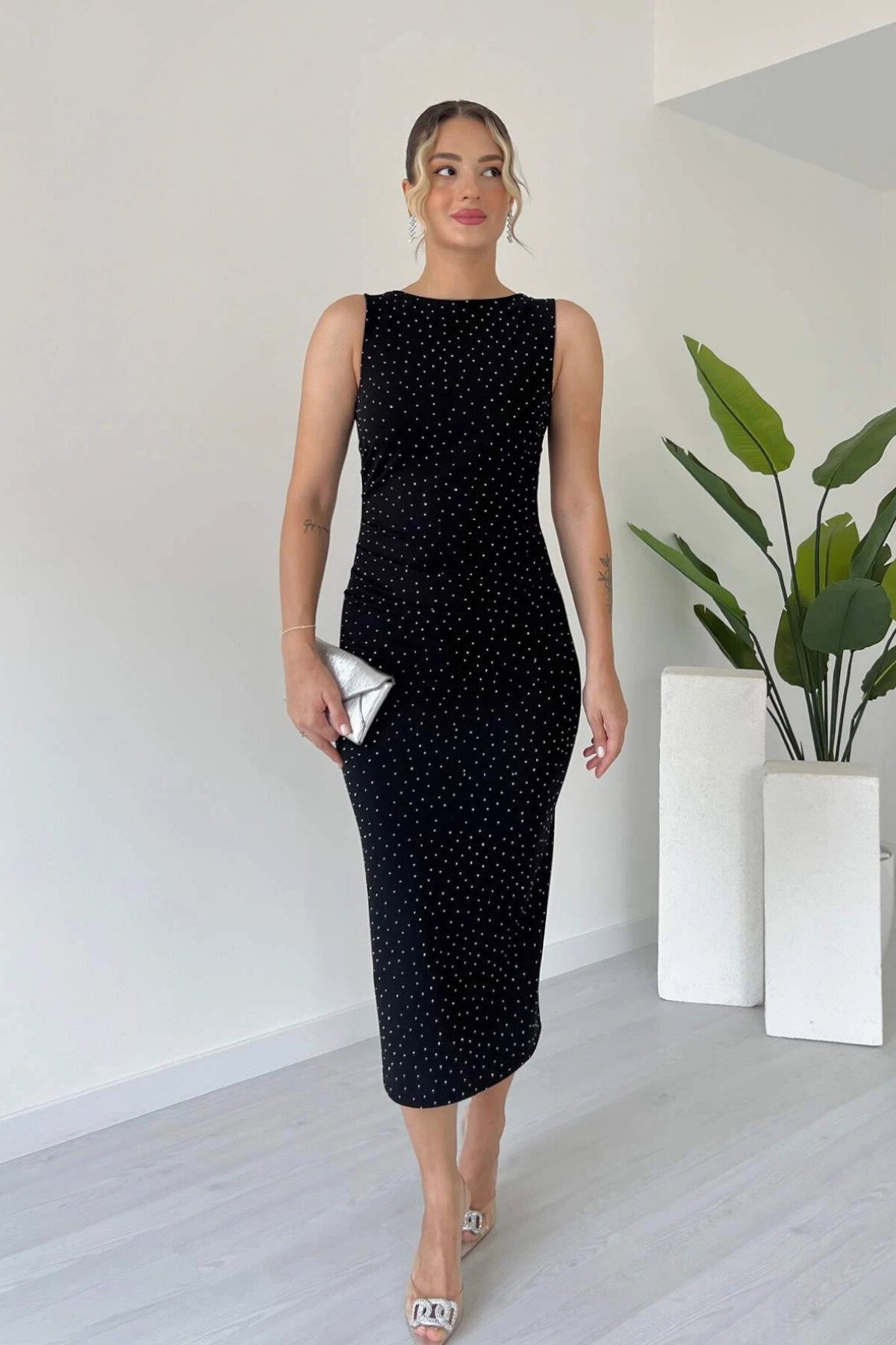 Black Midi Sleeveless Stone-Embellished Evening Dress - MOZENA