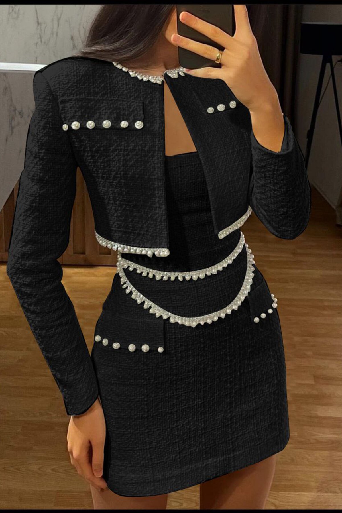 Black Mini Design Pearl Embroidered Crop Two-Piece Jacket Dress Set - XXL BUTİK