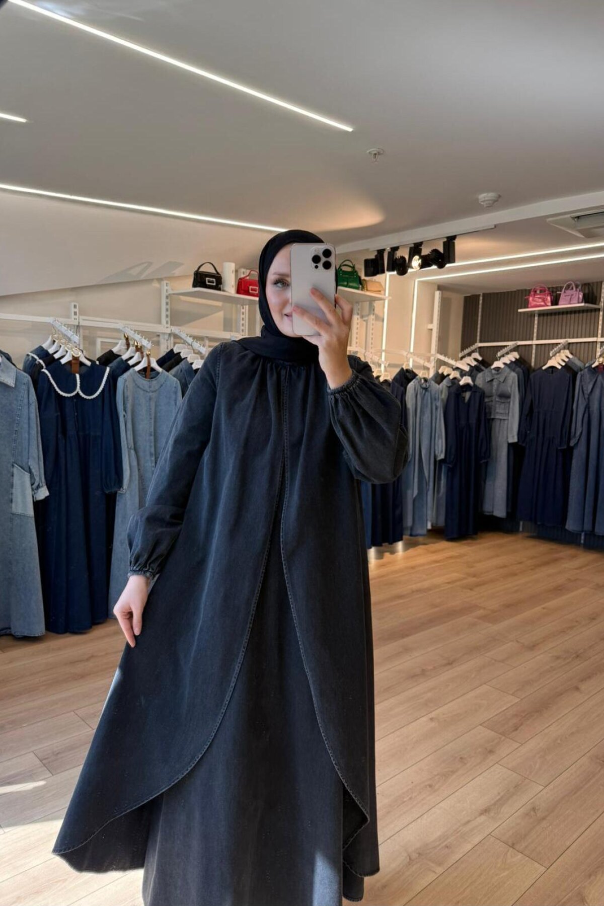 معطف باردسو أسود بزمام بطول كامل وأكمام بالون وواجهة أمامية مزدوجة - OlaLady
