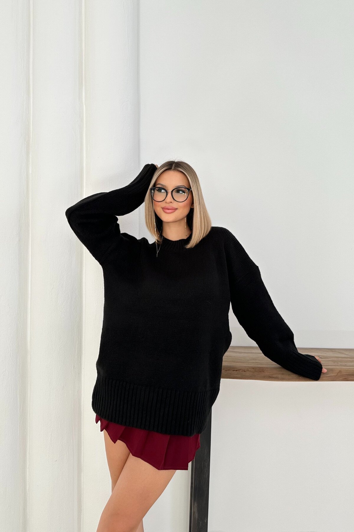Siyah Oversize Basic Kazak - MOZENA
