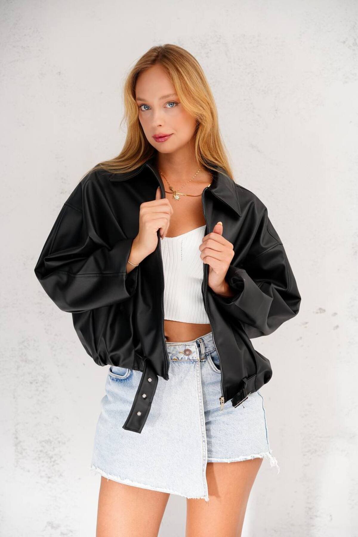 Siyah Oversize Kemerli Bomber Ceket - İLKCET MODA