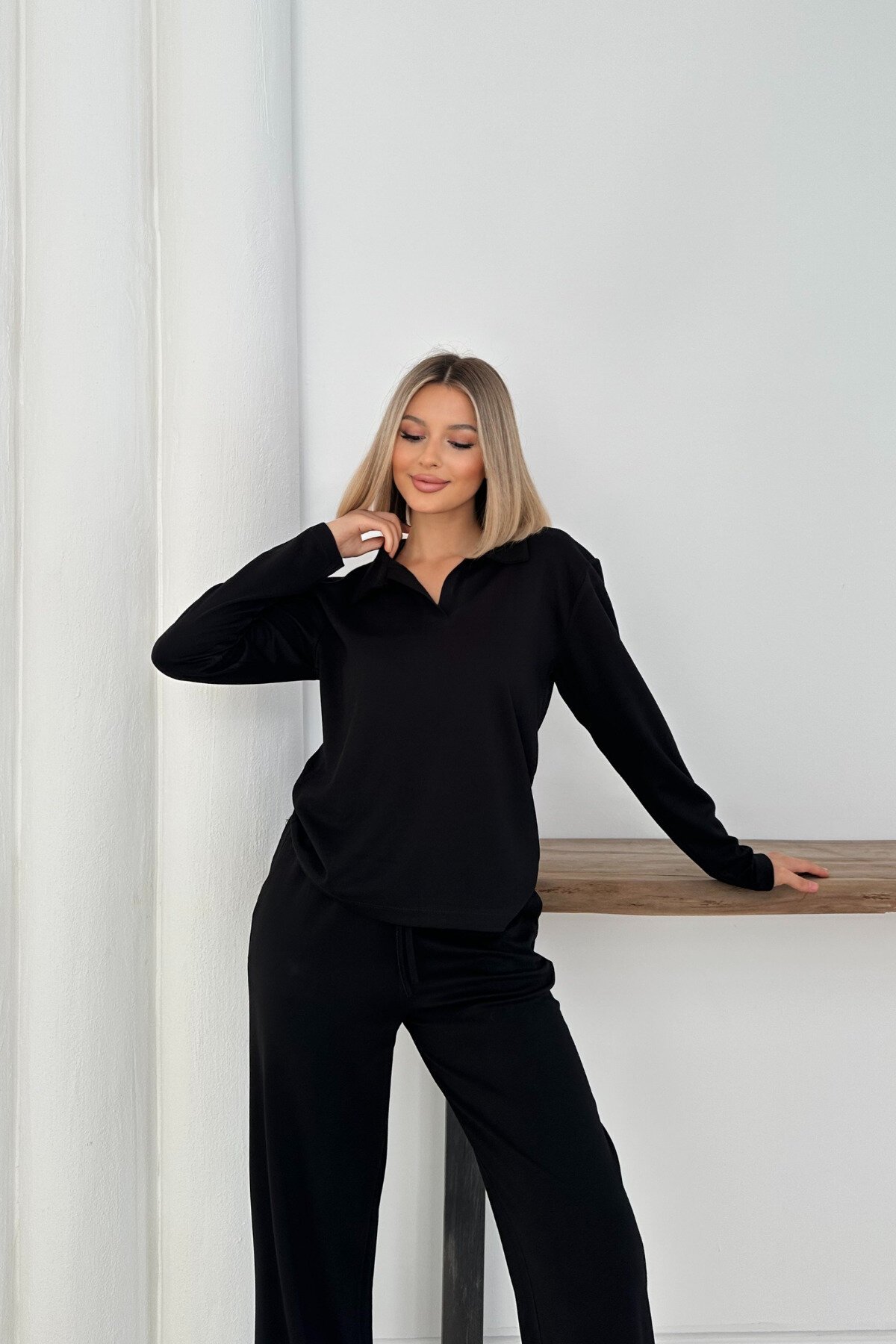 Siyah Polo Yaka Modal Kumaş Basic İkili Takım - MOZENA