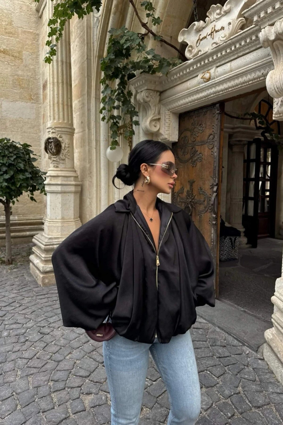 Black Satin Batwing Sleeve Zippered Bomber Jacket - MOZENA