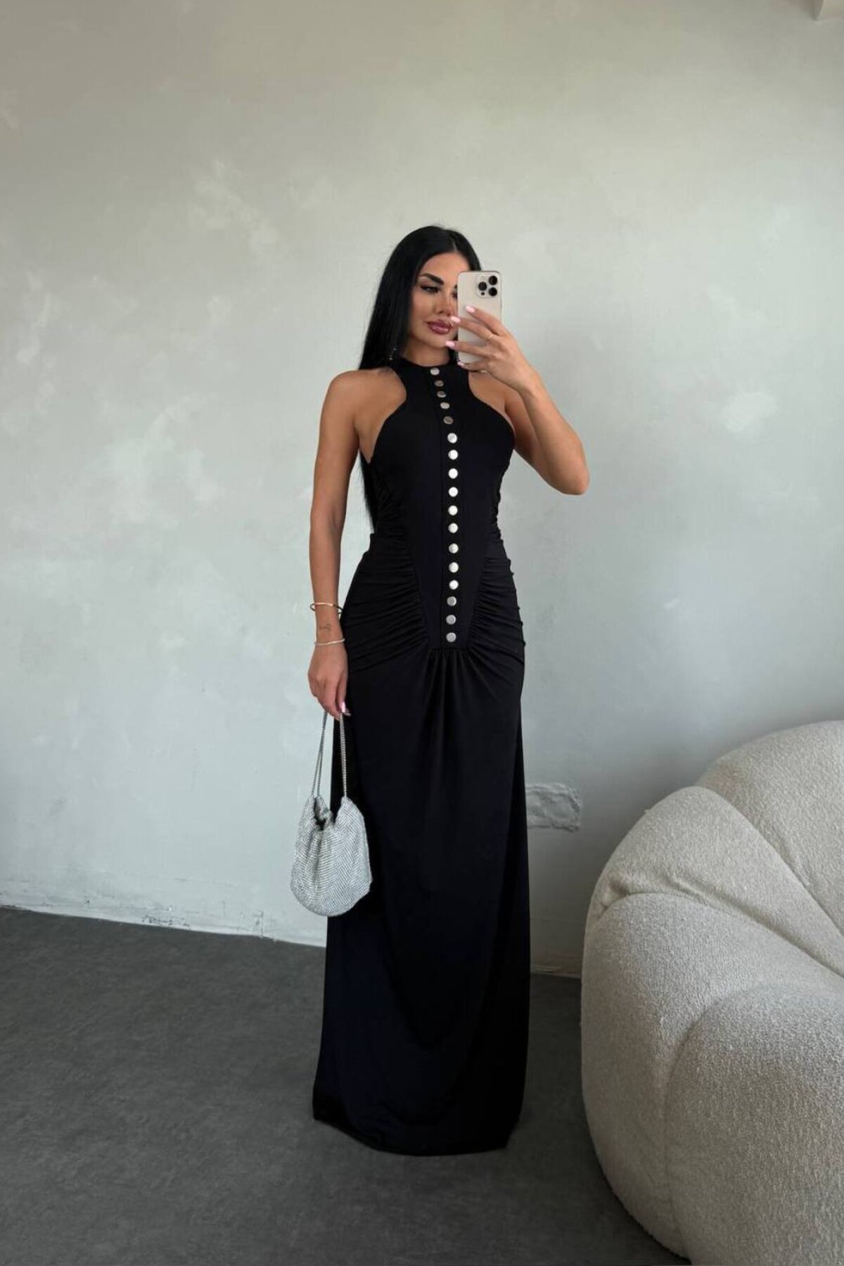 Siyah Uzun Gümüş Düğme Detaylı Elbise - limited black