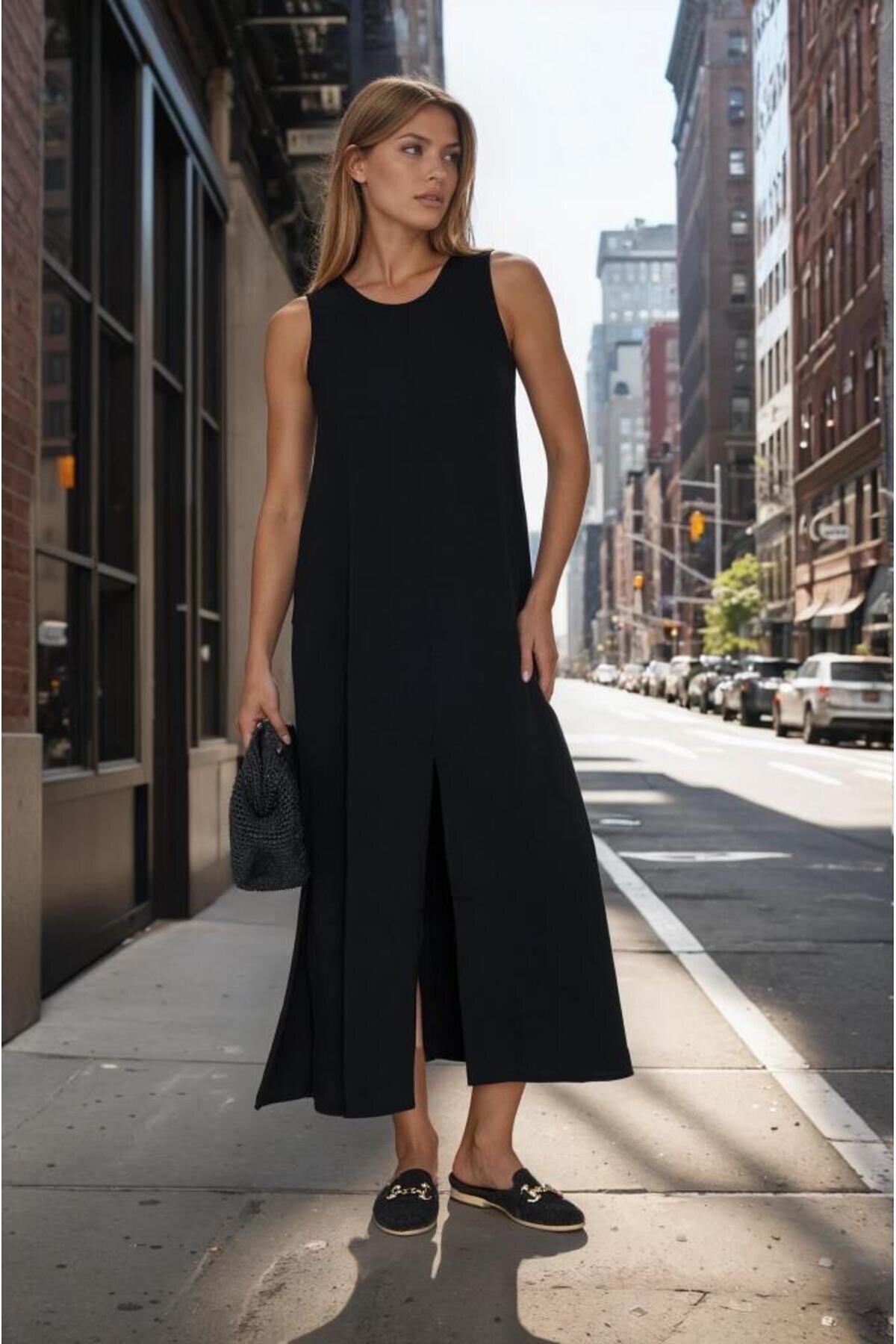Black Long Sleeveless Aerobin Fabric A-line Slit Summer Dress - Pasaklı Giyim
