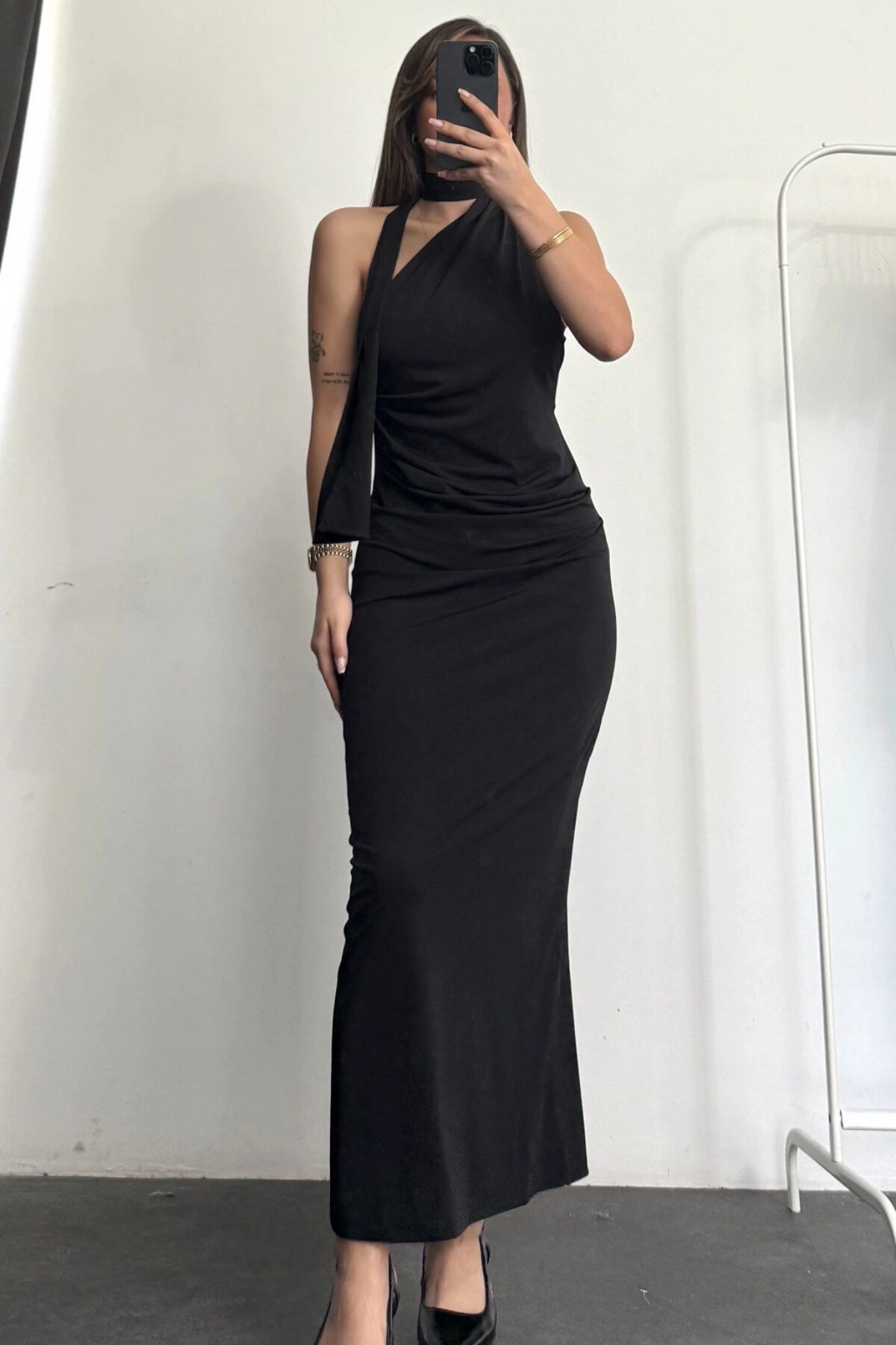 Black Long One Shoulder Draped Evening Dress with Scarf Detail - MOZENA