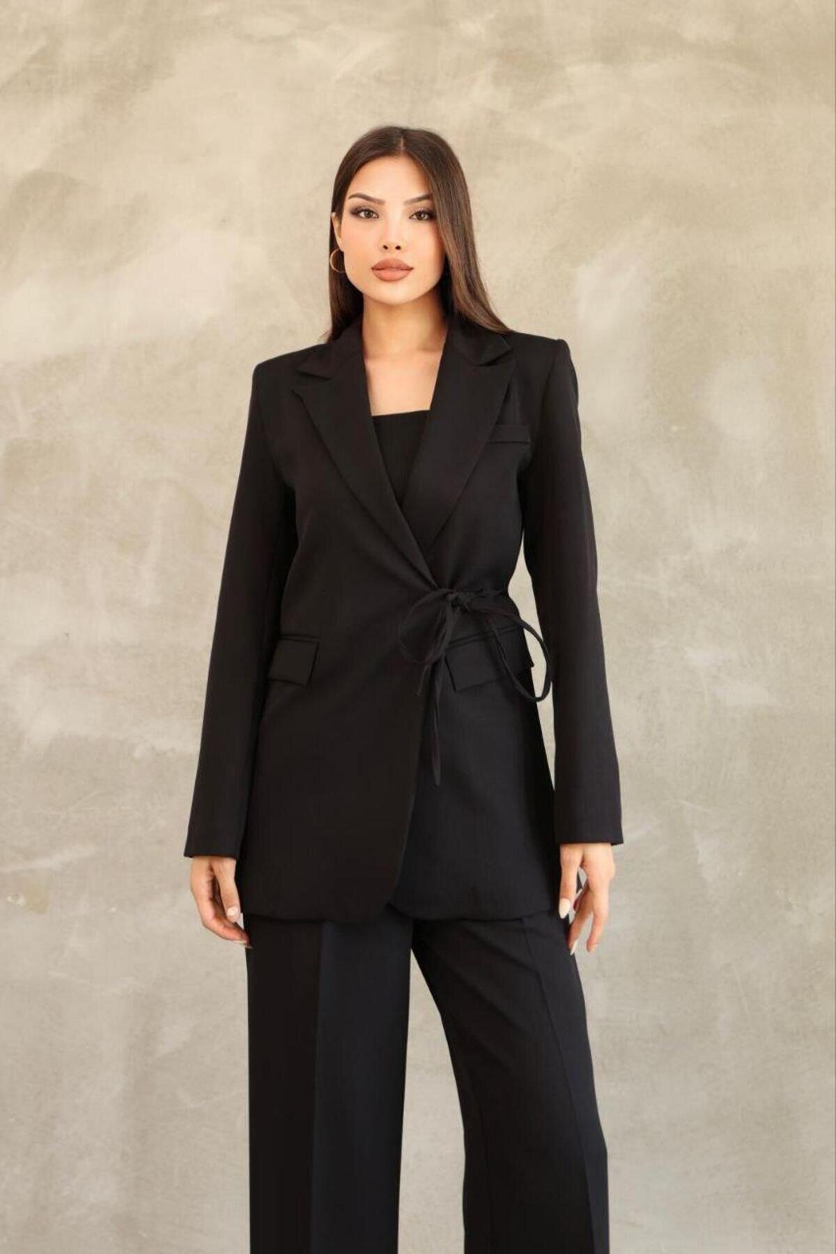Siyah Yandan Bağlamalı Blazer Şık Ve Rahat Ceket - RAWEA FASHİON