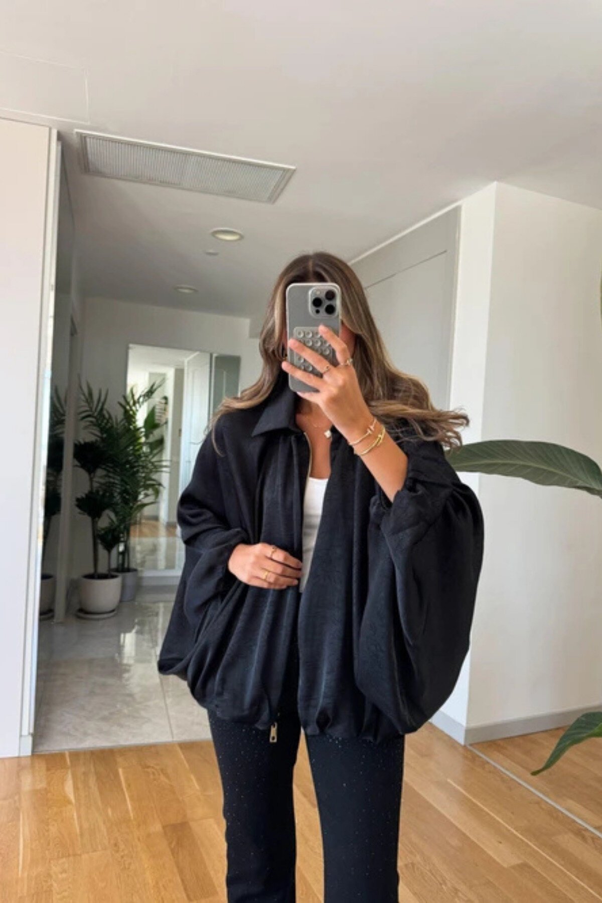 Black Batwing Sleeve Satin Zippered Bomber Jacket - MOZENA
