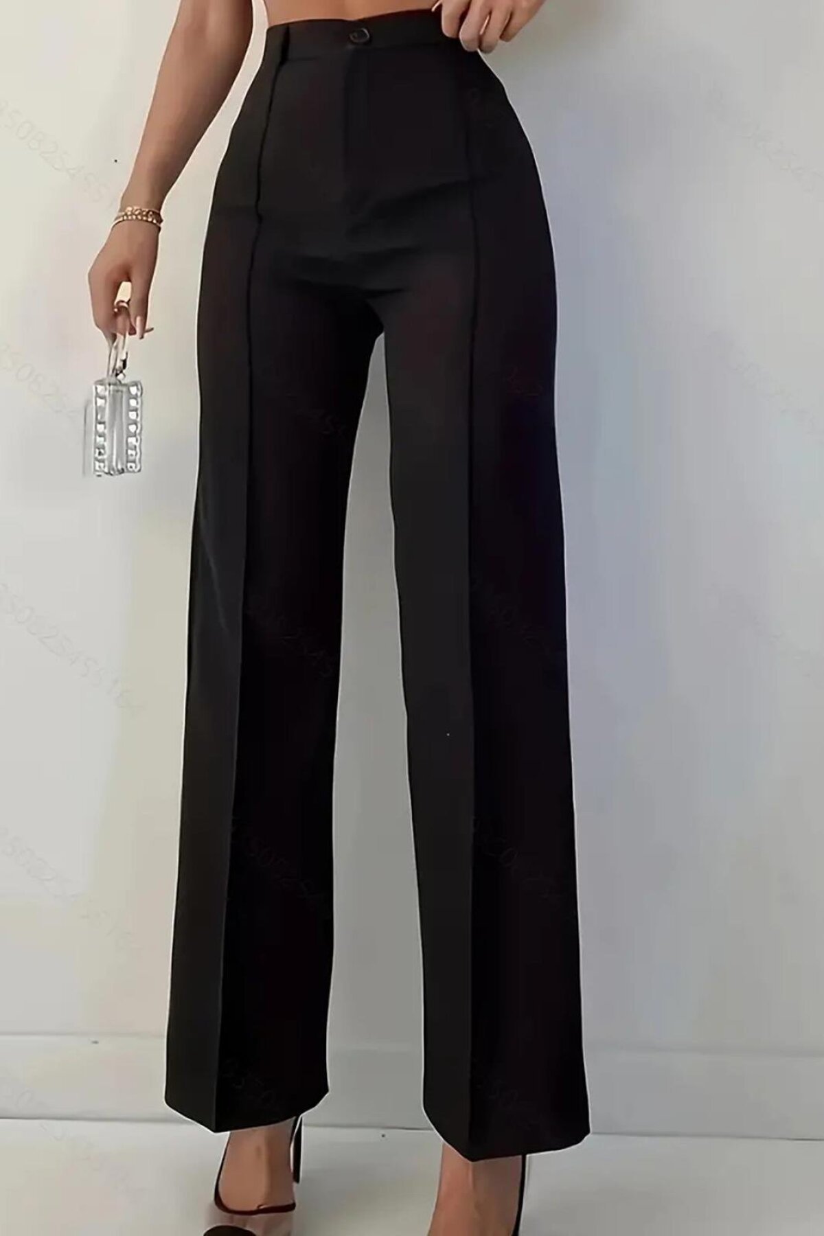 Black High Waist Topstitched Zippered and Buttoned Crepe Fabric Trousers - Deafox
