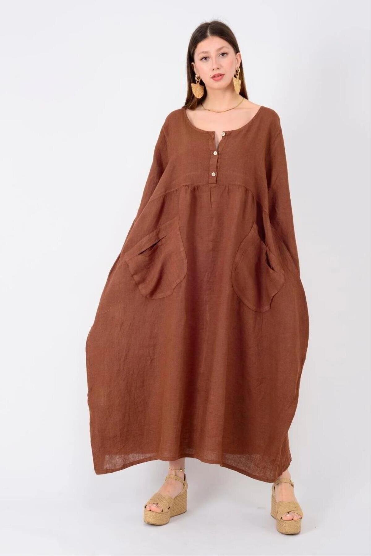 Cinnamon Long Italian Buttoned Sleeve Linen Dress - EREN STYLE