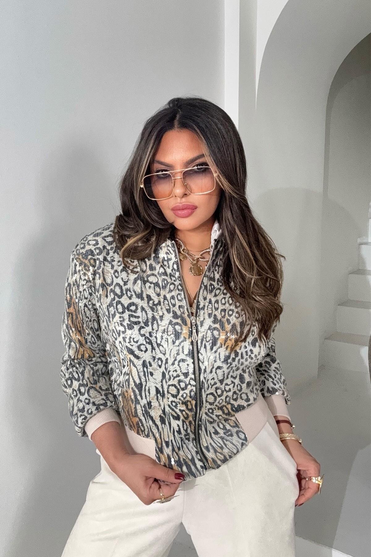 Taş Payetli Leopar Bomber Ceket - Sohotique By P