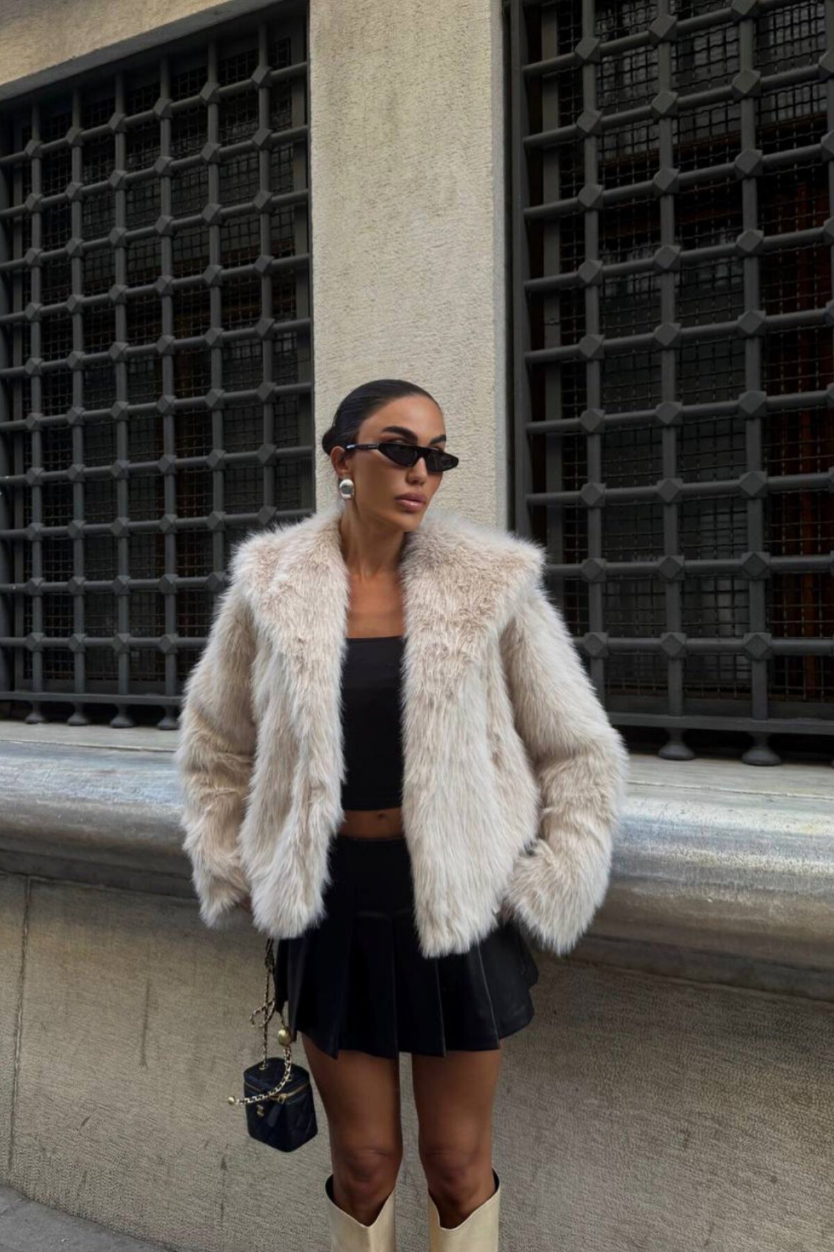 Stone Shawl Collar Faux Fur Coat - Rabi Shine