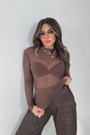 Acı Kahve Yarı Transparan Kırçıllı Tül Bluz