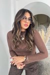 Acı Kahve Yarı Transparan Kırçıllı Tül Bluz