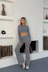 Antrasit Parmak Geçmeli Basic Crop Ve İspanyol Paça Tayt İkili Takım
