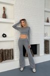 Antrasit Parmak Geçmeli Basic Crop Ve İspanyol Paça Tayt İkili Takım