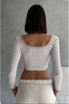 Bej Beyaz Çizgili U Yaka Uzun Kol Crop