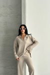Beige Cotton Polo Collar Two-Piece Set
