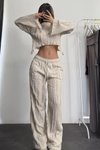 Bej Ters Dikiş İspanyol Kol Crop Ve Pantolon İkili Takım