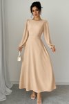 Beige Long Pearl Detail Round Neck Princess Sleeve Waist Cut-out Self-belted Crepe Fabric Dress