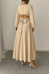 Bej Uzun İnci Detay Yuvarlak Yaka Prenses Kol Bel Dekolteli Kendinden Kuşaklı Krep Kumaş Elbise