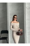 Bej Uzun Madonna Yaka Pamuklu Elbise