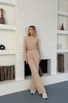 Bej Yan Büzgülü Uzun Kollu Gofre İkili Takım