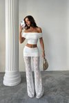 Beyaz Dantel Detaylı Pantolon Crop İkili Takım