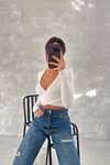 Beyaz Kruvaze Yaka Basic Crop Bluz