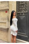 Beyaz Mini Madonna Yaka Abiye Elbise
