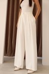 Beyaz Pileli Palazzo Kumaş Bol Paça Yüksek Bel Pantolon