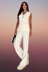 Beyaz Triko Yelek Pantolon İkili Örme Yelekli Geniş Paça Takım