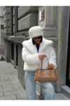 Beyaz Yakalı Astarlı Premium Kürk Ceket