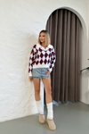 Bordo Baklava Desen Yumoş Polo Yaka Kazak