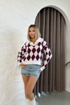 Bordo Baklava Desen Yumoş Polo Yaka Kazak