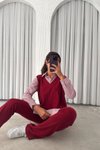Bordo Çizgili Süveter İkili Gömlek Takım