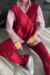 Bordo Çizgili Süveter İkili Gömlek Takım