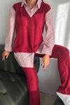 Bordo Çizgili Süveter İkili Gömlek Takım