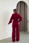 Bordo Dik Yaka Büzgü Bel Triko İkili Takım