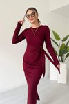 Bordo Midi Bağlama Detaylı Uzun Kollu Modal Kumaş Yırtmaçlı Elbise
