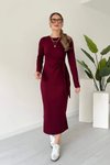 Bordo Midi Bağlama Detaylı Uzun Kollu Modal Kumaş Yırtmaçlı Elbise