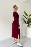 Bordo Midi Bağlama Detaylı Uzun Kollu Modal Kumaş Yırtmaçlı Elbise