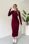 Bordo Midi Bağlama Detaylı Uzun Kollu Modal Kumaş Yırtmaçlı Elbise