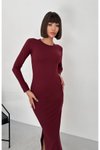 Bordo Midi Modal Kumaş Uzun Kol Yandan Yırtmaçlı Elbise