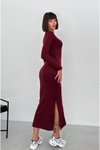 Bordo Midi Modal Kumaş Uzun Kol Yandan Yırtmaçlı Elbise