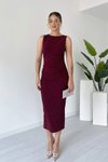 Bordo Midi Sıfır Kol Taşlı Abiye Elbise