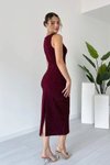 Bordo Midi Sıfır Kol Taşlı Abiye Elbise